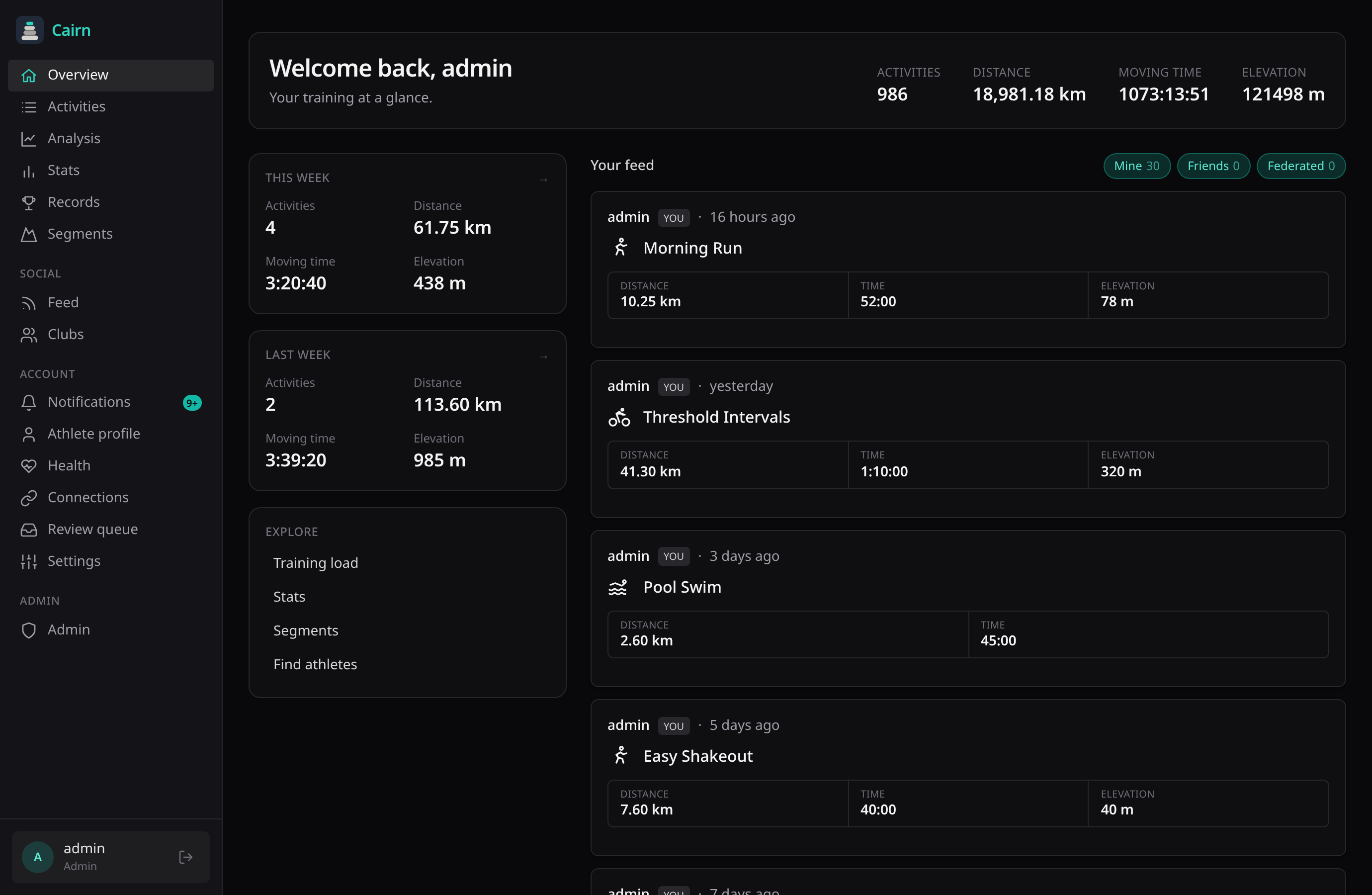 Cairn dashboard — activity feed, training load, and segment leaderboard